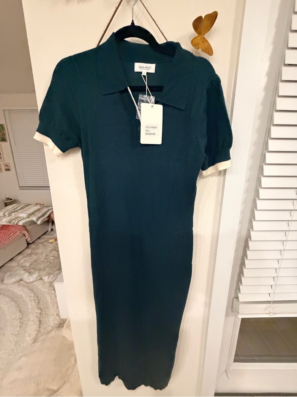 Deep Green Polo Knit Maxi Dress with Contrast Trim
